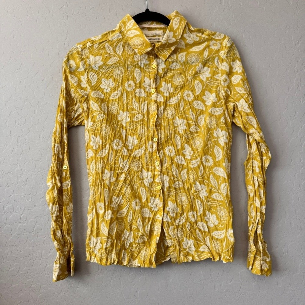 Seasalt Cornwall 10 Larissa Shirt Yellow Floral Cotton Crinkle Long Sleeve Top